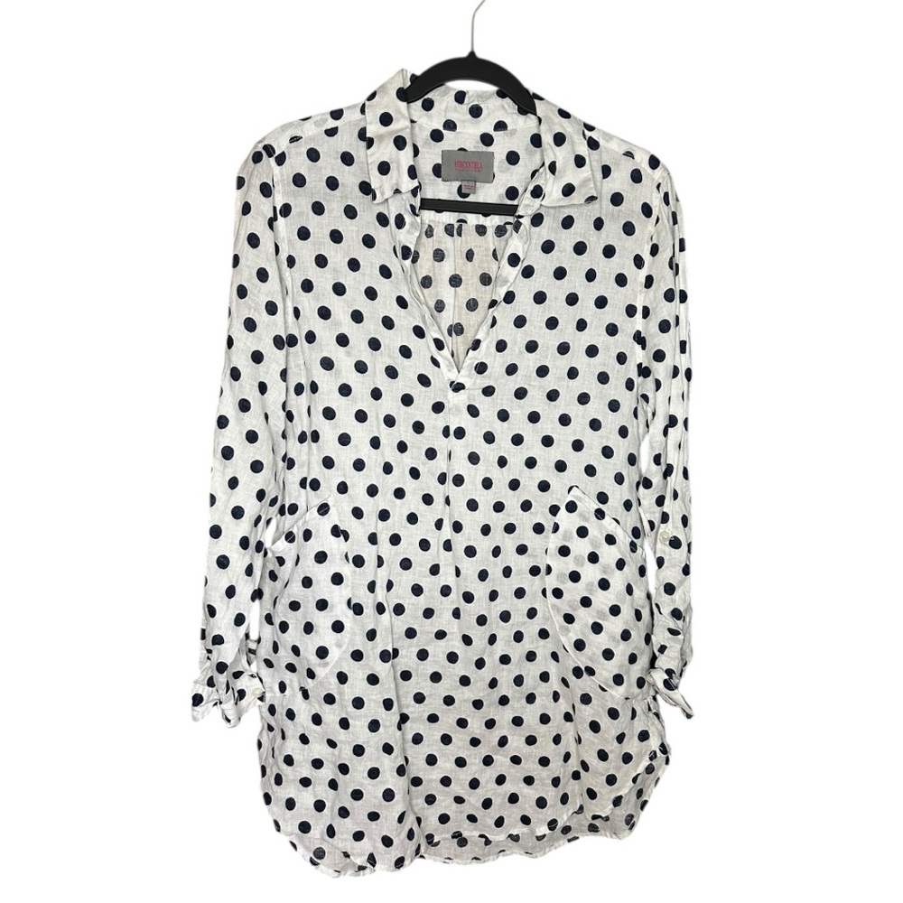 For Cynthia beachwear white blue polka dot 100% Linen Tunic Top size large flaw*